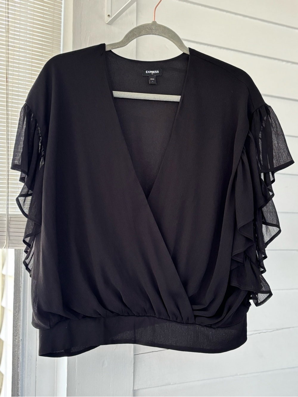 Express Black Surplice Blouse with Ruffle Sleeves